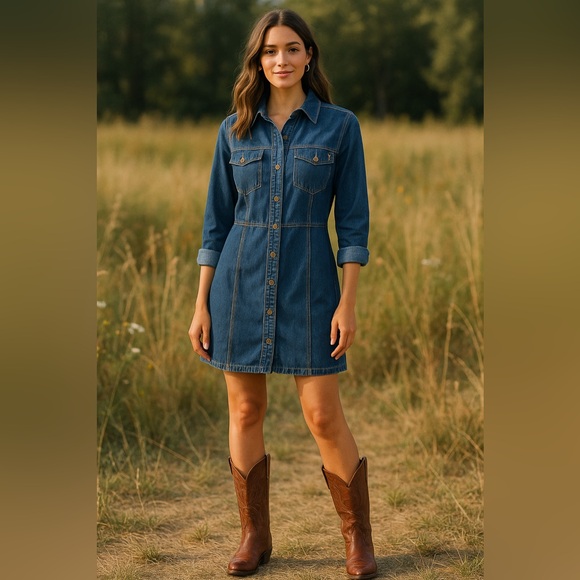 Frye Denim Shirt Dress Medium Blue Jean Button Front Long Sleeve Pocket NWOT - Picture 1 of 12